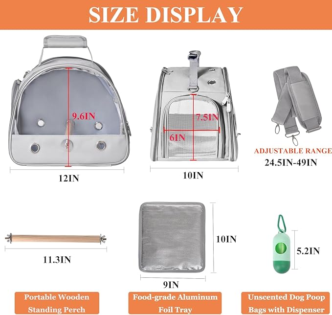Bird Carrier Travel Cage with Stand, Small Bird Travel Carrier for Parrot with Perch, Side Access Window (Grey)-PawvioPets
