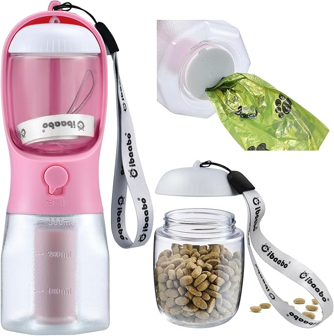 Dog Water Bottle with Food Container & Poop Bag Holder, Travel Water Bowl, Portable Pet Dispenser, Girl Dog Accessories Stuff Items Essentials Gift for Yorkie Chihuahua Walking Hiking-PawvioPets