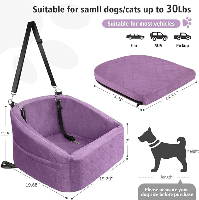 Dog Car Seat for Small Medium Dogs,Detachable Washable Dog Booster Seat Under 30lbs, Pet Car Seats Travel Bed with Storage Pockets and Safety Belt (Purple)-PawvioPets