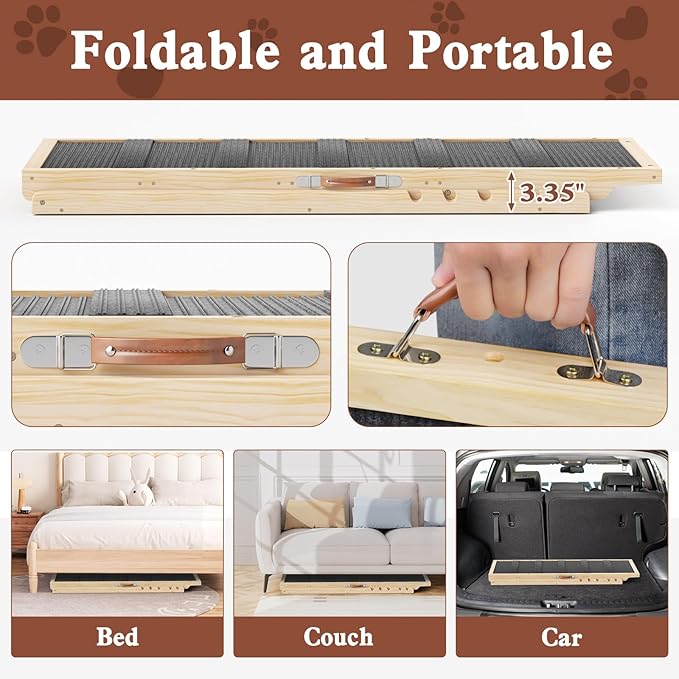 Dog Ramp for High Bed, Couch, Car, Pet Ramps 55.12" Long Adjustable 19.7"-27.6" Wooden Dog Step with High Traction Mat & Safety Side Rails for Small Medium Large Older Pets, up to 250 lbs-PawvioPets