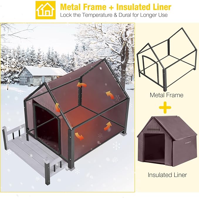 Aivituvin Dog House Outdoor with Metal Frame, Insulated Dog Kennel Outside for Small to Medium Breed, 45" Weatherproof Large Dog Shelter with Anti-Chewing Iron Frame, Grey (45" D x 32.9" W x 32.6" H)-PawvioPets