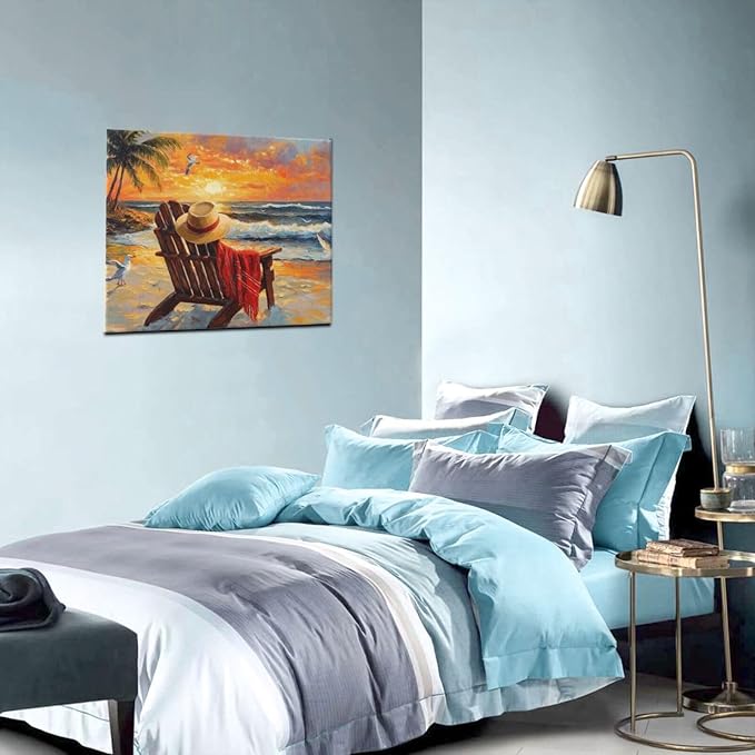 Beach Coastal Bathroom Pictures Wall Art, Seaside Ocean Bathroom Wall Decor, Sunrise Palm Framed Painting Canvas Artwork for Bedroom Living Room Decorations 24"L x 20"W-PawvioPets