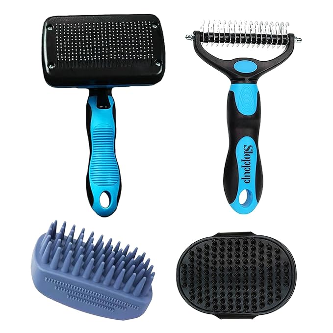 Dog Brush Kit for Grooming Short & Long Haired Dogs & Cats, 4-in-1 Pet Grooming Set with Self-Cleaning Slicker Brush, Deshedding Tool, Shampoo Bath Comb, Massge Comb (Blue Black)-PawvioPets