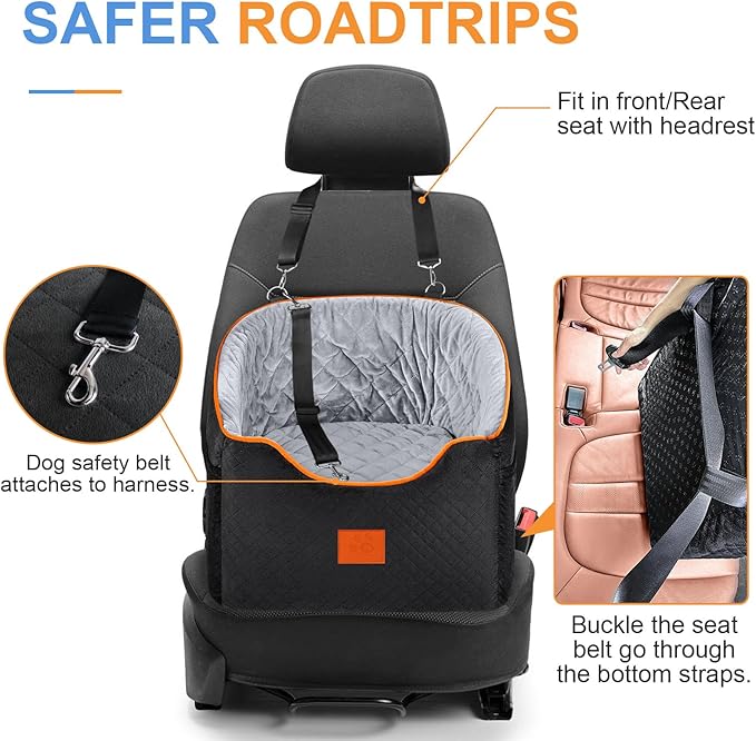 Dog Car Seat for Small Dogs, Memory Foam Booster Dog Seat for Dogs up to 35 lbs, Elevated Pet Car Seat with Washable Removable Cover, Storage Pockets(Black/Gray)-PawvioPets