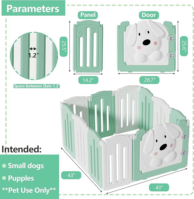Foldable Dog Play Pen Indoors, Non-Slip Sturdy Puppy Playpen with Door, 25.5" H 10-Panel Adjustable Shape Dog Fence Pen for Small/Medium Dogs, Thickened, Easy to Store, White+Green-PawvioPets