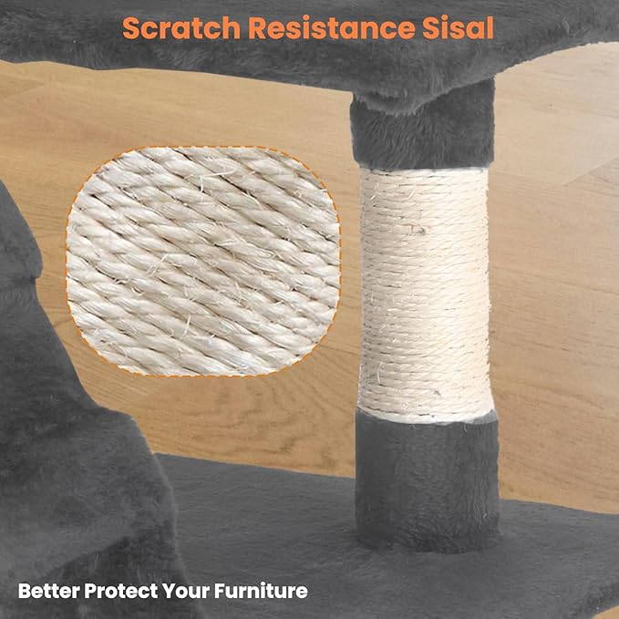 54.7 Inches Cat Tower for Indoor Cats, Multi-Level Cat Condos with Scratching Posts, Hanging Toys, Light Gray-PawvioPets