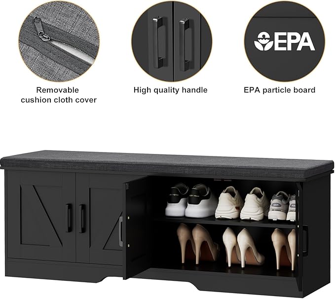 2-Tier Storage Bench, Shoe Bench with Padded Seat Cushion, Entryway Bench with 4 Barn Doors, Adjustable Shelf, 13.8" D x 47.2" W x 17.7" H, for Entryway, Living Room, Bedroom, Black-PawvioPets