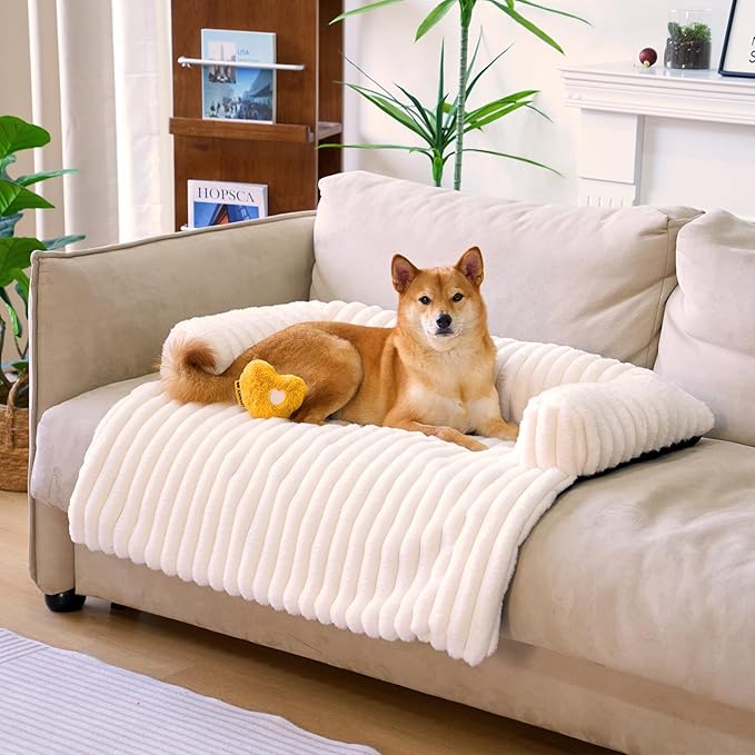 FUNNY FUZZY Pet Couch Cover for Sofa, Calming Dog Bed for Couch, Fluffy Plush Dog Couch Mat for Furniture Protector for Large Medium Small Dogs and Cats, Cream White-PawvioPets