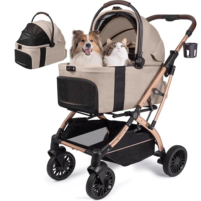 Dog Stroller, Cat Strollers, 5-in-1 Pet Stroller with Detachable Waterproof Carrier for Small/Medium Dogs Cats up to 55lbs, All-in-One Fold Without Detaching Carrier for Dogs Cats 10 lbs to 55 lbs-PawvioPets