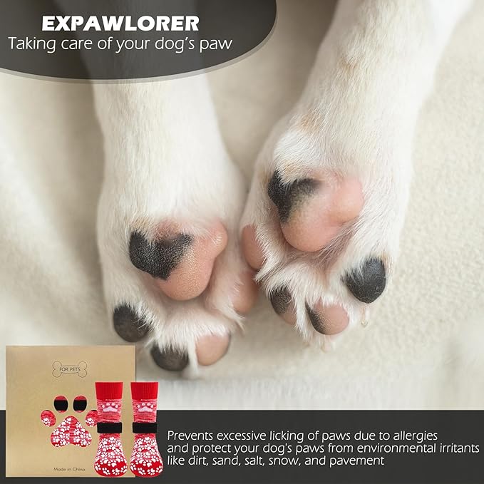 EXPAWLORER Anti Slip Dog Socks, Red, Medium, 4 Count, Fabric, Elastic Band, Dog, Paw Protection, Indoor & Outdoor-PawvioPets