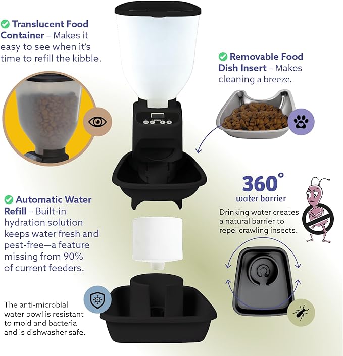 Automatic Dog & Cat Food Feeder with Water Dispenser – Smart Pet Feeder with Portion Control, OLED Display, Anti Jam Design, Battery Operated Dispenser for Medium/Large Pets - Black-PawvioPets