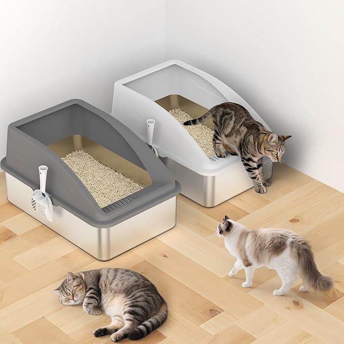 2 Pack Stainless Steel Litter Box | XL Enclosed Cat Litter Boxes with Lid for Big Cats and Multi-Cats | High Sided, Anti-Urine Leakage | Non-Stick Bottom（Multi-Colored）-PawvioPets