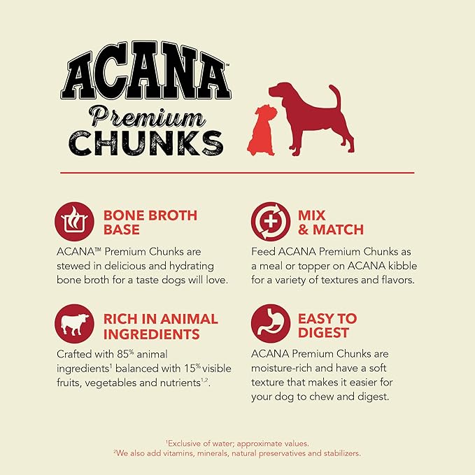 ACANA Premium Chunks in Bone Broth Grain-Free Wet Dog Food Variety Pack: Beef + Poultry Recipes 12.8oz Cans (6 Count, 3 of Each)-PawvioPets