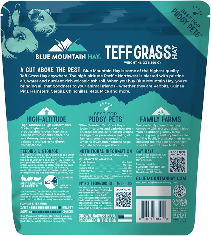 Blue Mountain Hay | Fresh Teff Grass Hay (48 Ounce) | Low NSC, High Fiber, Healthy Weight Management | High-Altitude Hay Pet Food for Rabbits, Guinea Pigs, Chinchillas, Hamsters, and Other Small Pets-PawvioPets