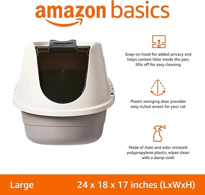Amazon Basics No-Mess Hooded Enclosed Cat Litter Box, Large, Multicolor, 24 in x 18 in x 17 in-PawvioPets