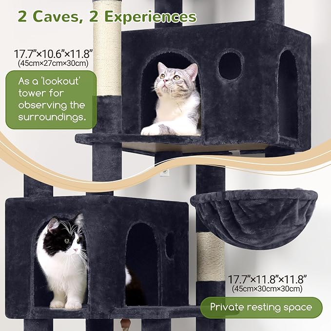 Globlazer Cat Tree, 70 inch Tall Scratching Tower Multi-Level Cat Condo for Indoor Multiple Cats with 2 Large Cat Caves, Top Perch, Large Platform, Bottom Swing, F70B, Dark Grey-PawvioPets