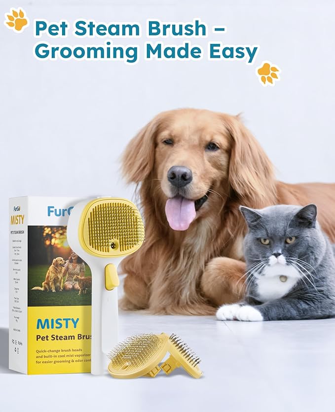 FURGO 3-in-1 Pet Steam Brush for Dogs & Cats – Reduces Static, Replaceable Heads, One-Touch Hair Ejection, Dog Spray Brush for Shedding Control(Long&Short)-PawvioPets
