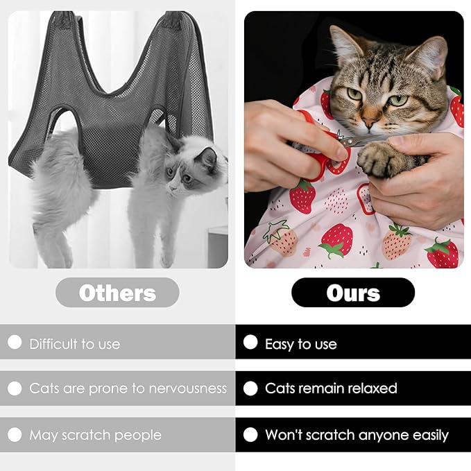 27.6" Cat Grooming Wrap, Self Adhesive Cat Wrap for Cutting Nails, Anti-Escape Calming Cat Swaddle Wrap for Medicine Ear Cleaning, Strawberry Anti-Scratch Cats Burrito Restraint Blanket, Pet Tool-PawvioPets