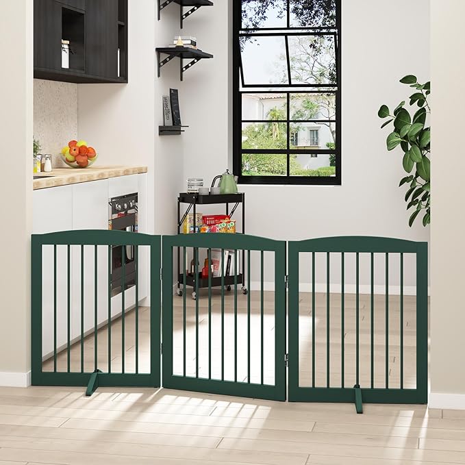 Freestanding Pet Gate for Dogs, Foldable Wooden Dog Gate for House, Indoor Dog Gate for Doorways, Stairs, Step Over Pet Puppy Safety Fence, Support Feet Included,24" Height 3 Panels,Green-PawvioPets