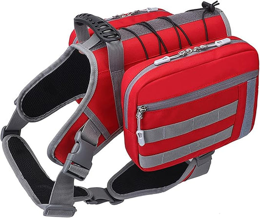 BYGD Dog Hiking Backpack, Dog Backpack for Medium to Large Dogs, with Large Capacity, 2 Spacious Side Bags for Walking, Training, Running, Harnessing Outdoor Hiking (L XL Red).-PawvioPets