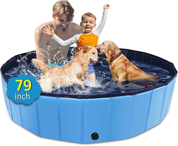 Foldable Dog Pool, 79" x 14" Large Kiddie Pool with Hard Plastic, Non-Slip Dog Bath Tub for Outdoor Backyard, Collapsible Dog Swimming Pool for Kids Dogs Pets (Blue)-PawvioPets