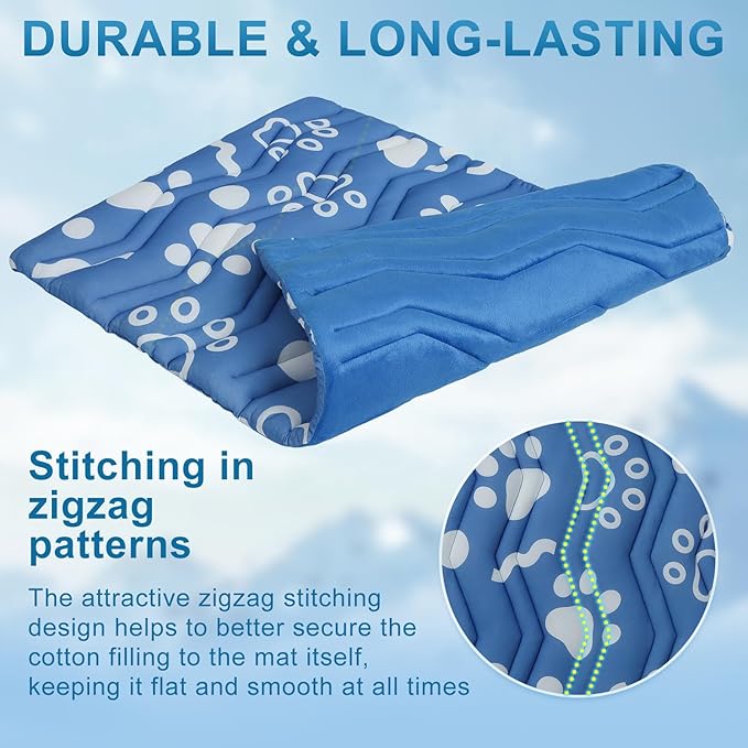 BEAUTYZOO Dog Cooling Mat- Upgraded Thicken Cooling Mat for Large Dogs Reversible(Cool & Warm) Pet Ice Cool Bed Washable & Portable, Summer Crate Pad for Big Dog Puppy Up to 44 lbs, Paw Blue 36X23IN-PawvioPets