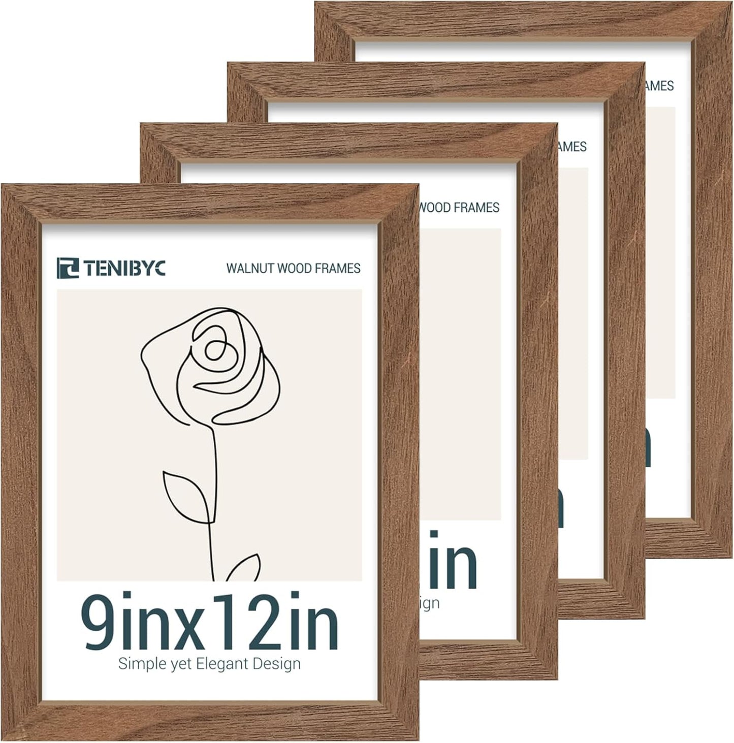 9x12 Frame 4 Pack - Brown Woodgrain, HD Tempered Glass, Natural Walnut Picture Frame 9 x 12, Table or Wall Display
