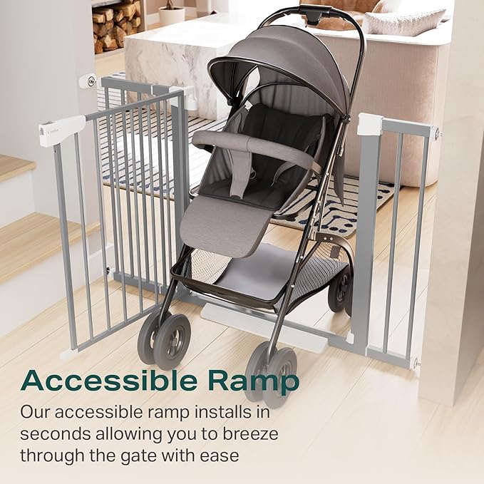 Cumbor 29.7-46" Baby Gate for Stairs, Gifts for Mom-Auto Close Dog Gate for The House, Easy Install Pressure Mounted Pet Gates for Doorways, Easy Walk Thru Wide Safety Gate for Dog, Gray-PawvioPets