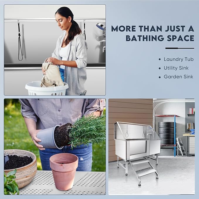 62" Pet Dog Bathing Station,Professional Stainless Steel Dog Grooming Tub,Pet Bathing Tub Dog Bathing Station with Faucet Walk-in Ramp Accessories,Commercial or Household use, (Extra Large)-PawvioPets