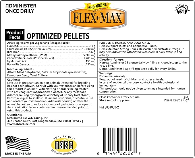 Absorbine Flex+Max Horse Joint Supplement Pellets, Highly Palatable, Comprehensive Equine Formula with Glucosamine, MSM, Chondroitin & Flaxseed, 10lb Tub / 60 Day Supply-PawvioPets