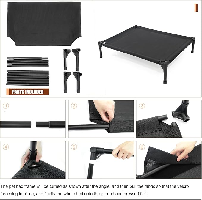 Elevated Dog Bed for Medium Dogs, Raised Dog Cot Beds Fits Up to 150 LBs, Heavy Duty Pet Cots with Durable Supportive Teslin Recyclable Washable Mesh, Indoor & Outdoor Dog Bed, Black-PawvioPets