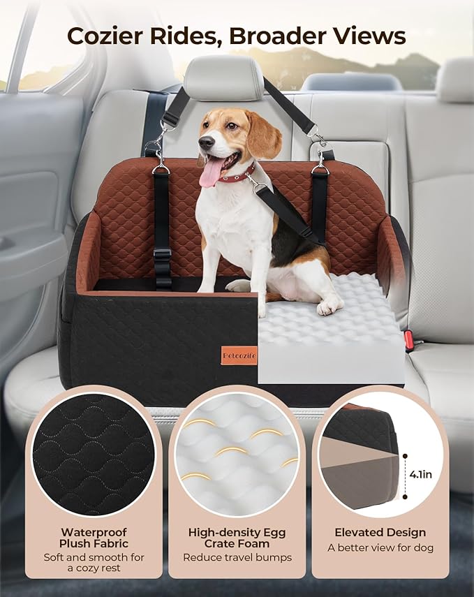 Dog Car Seat for Large Medium Dogs, Pet Car Seat Under 55 lbs or 2 Puppies, Removable Washable Pets Travel Booster Bed for Automotive Backseat with Comfy Thick Cushion, 2 Safety Leashes(Black/Brown)-PawvioPets