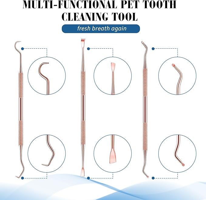 3 Pieces Dog Dental Tooth Scaler and Scraper Stainless Double Headed Tarter Removing Tool Scraper Pet Teeth Cleaning Tools for Dog and Cat (Rose Gold)-PawvioPets