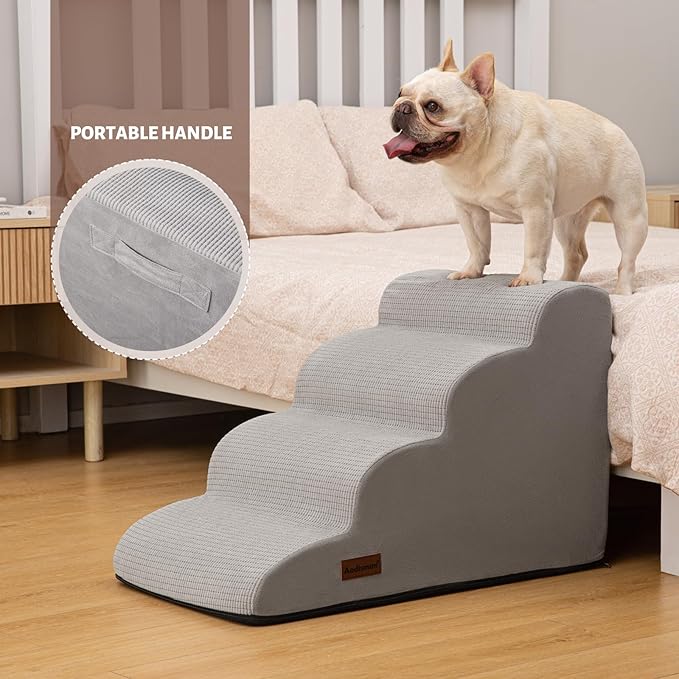 4-Step Dog Stairs and Ramp for Beds or Couches,Non-Slip Sturdy Pet Steps for Small Dogs and Cats,17.4" H,Light Grey-PawvioPets