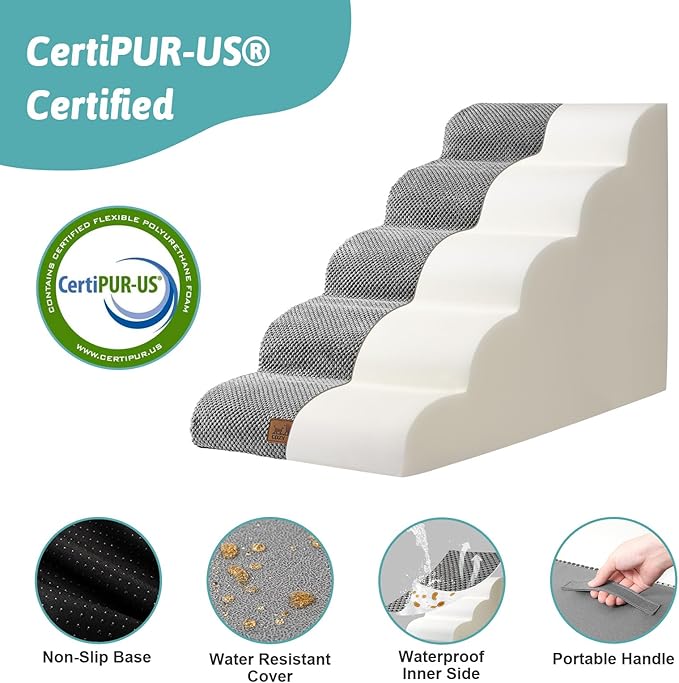Dog Stairs for Small Dog 22.6" H, Curved Pet Step for Puppy, Older Cat, Medium Pet Ramp for High Bed, Ladder with High Density Foam, Durable, 5 Step, 15.7x33x22.6 inch, Grey-PawvioPets
