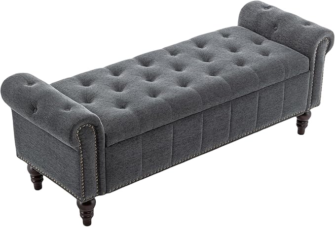58’’ Storage Bench for Bedroom, Upholstered Button-Tufted Ottoman with Solid Wood Legs, Large End of Bed Shoe Cabinet, Window Seat Foot Rest Stool for Entryway, Closet, and Living Room (Dimgray)-PawvioPets