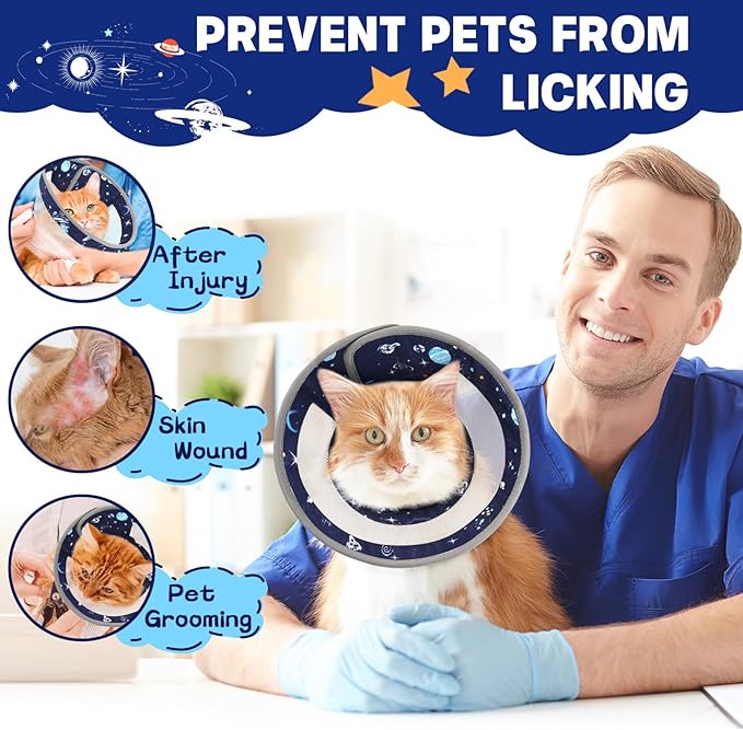 Breathable Air Mesh Cat Cone Collar Soft - Adjustable Recovery Collar to Stop Licking After Surgery, Foldable Lightweight E-Collar for Cats & Kittens (Sky Star, S)-PawvioPets