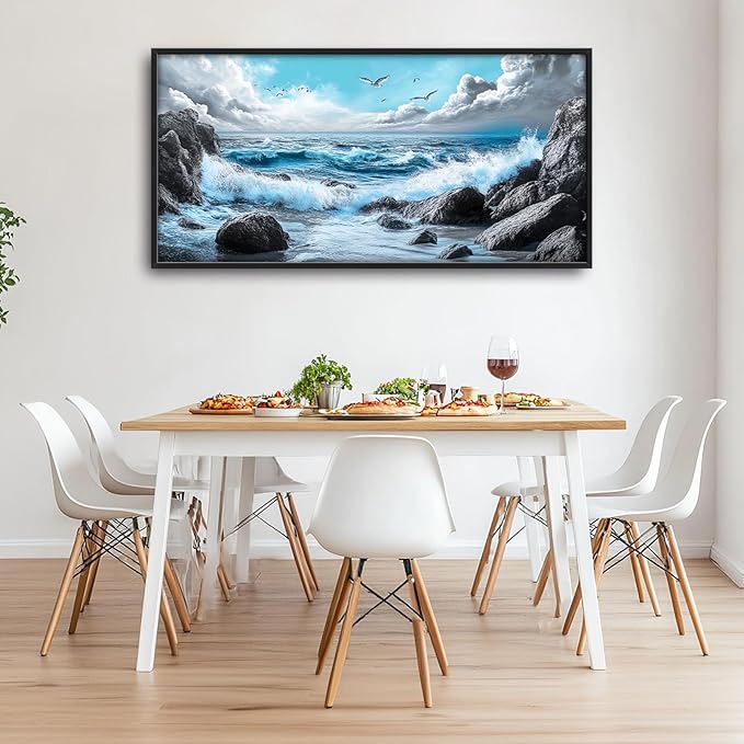 Extra Large Framed Abstract Sea Ocean Wall Art,Black and White Wall Decor, Coastal Seashore Pictures for Living Room,Canvas Print Painting Modern Artwork Bedroom Office Bathroom 60L x 30W-PawvioPets