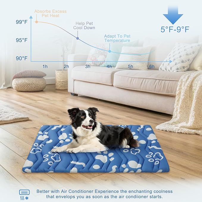 BEAUTYZOO Dog Cooling Mat- Upgraded Thicken Cooling Mat for Large Dogs Reversible(Cool & Warm) Pet Ice Cool Bed Washable & Portable, Summer Crate Pad for Big Dog Puppy Up to 100 lbs, Paw Blue 59X40IN-PawvioPets