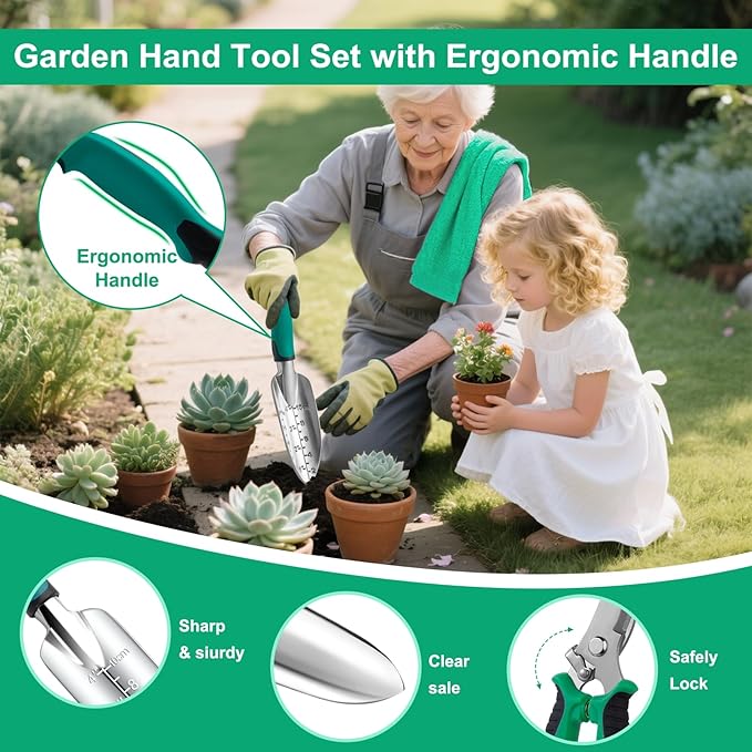 Garden Tool Set for Women, 12pcs Heavy Duty Gardening Tools, Cute Gardening Supplies Gifts for Women Mom, Garden Hand Tools with Fashion Organizer Handbag, Garden Tools for Gardening, Planting, Green-PawvioPets