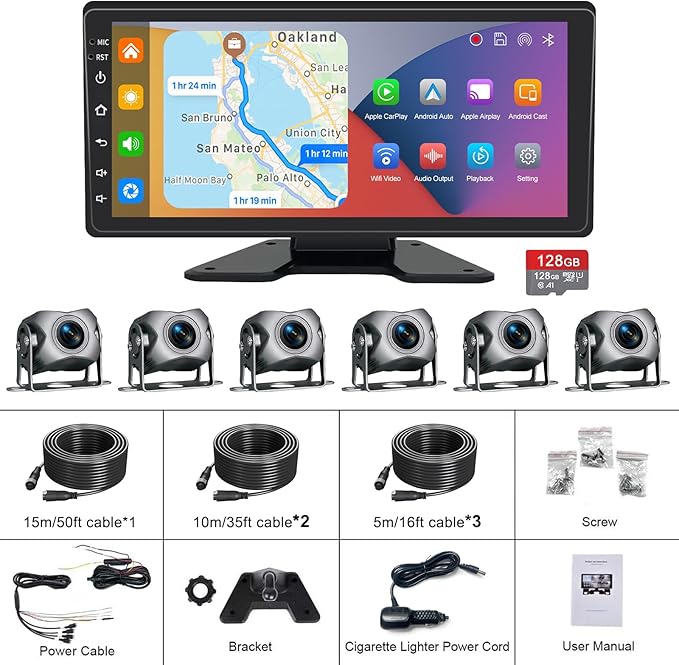 6 Channel Backup Camera System,1080P Rearview Camera with Carplay & Android Auto,GPS Navigation, Touchable 11 inch Monitor & Loop Recording DVR car Stereo, for RV/Truck/Trailer Pickup,128GB Card-PawvioPets