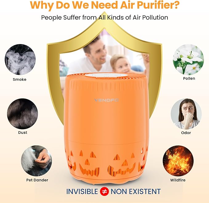 Air Purifiers for Home Bedroom up to 1076ft², True HEPA Air Filters Dust Pets Smoke Hair, 3 Fan Speeds Quiet, Timer Settings, Rechargeable Air Cleaner Office, Bedroom, Pets, Car(Orange)-PawvioPets