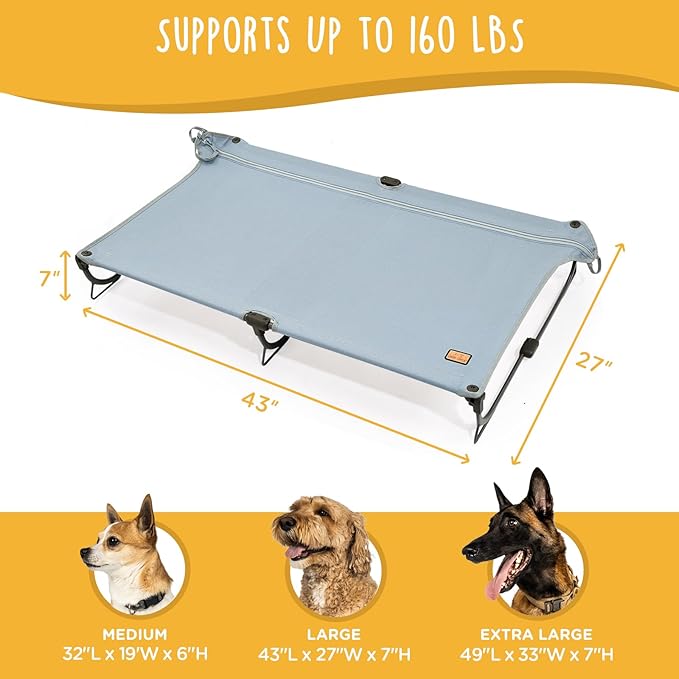 Daisy Cot, Large Foldable Elevated Dog Bed, Portable Raised Outdoor Folding Dog Cot, Cooling, Chew Proof, Waterproof, Heavy Duty Up to 160 lbs for Camping/Home, Grey, 43"x 27"x7"-PawvioPets