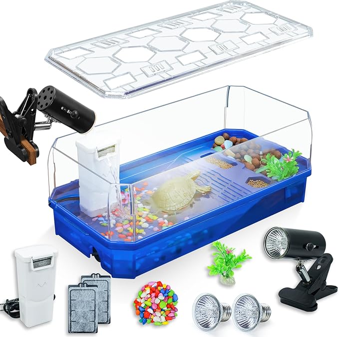 Aquatic Turtle Tank Habitat Kit Stone+Filter+Heat Lamp Enhancing Interaction with 360° Viewing, Standalone Filtration, DIY Creative Zone, Enriched Living (Blue, Large[with Light])-PawvioPets