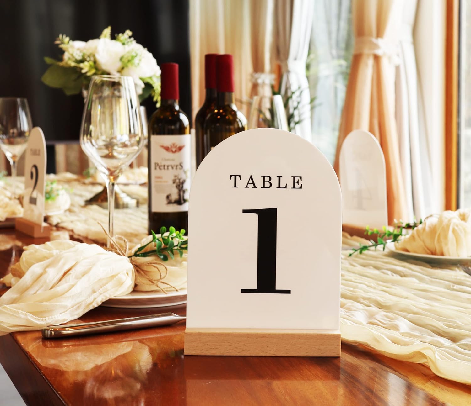 Wedding Table Numbers 1-15, Acrylic Arch Signs with Natural Wood Stands Holders, Rustic Table Decor for Reception & Parties (White Black)