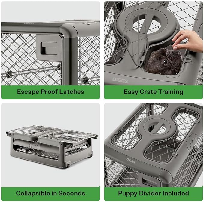 DIGGS Revol Collapsible Dog Crate with Wheels - Premium Portable Dog Crate - Safe, Stylish, and Convenient Indoor Kennel (Smoke, Small)-PawvioPets