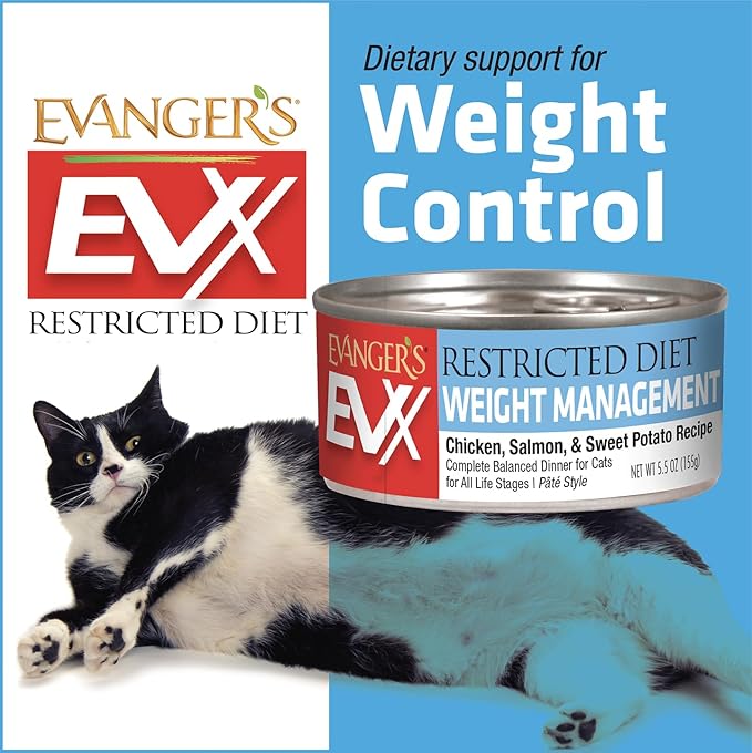 Evanger’s EVX Restricted Diet Weight Management Canned Cat Food – 24 Count, 5.5 oz Cans Each – Chicken, Salmon & Sweet Potato Recipe – Grain Free, Limited Ingredients, Pâté Style-PawvioPets