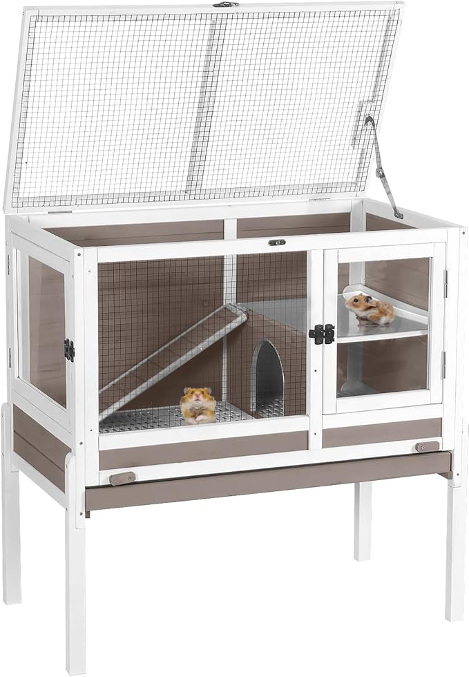 Aivituvin Wooden Guinea Pig Cages Indoor with Removable Stand, Anti Chewing Rabbit Hutch with Ramp and Wire Mesh, 2 Story Small Animals House Habitat with Pull Out Tray (Brown)-PawvioPets