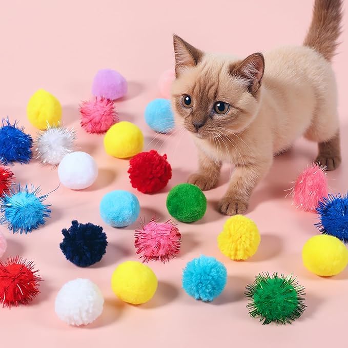 30 Pcs Cat Pom Pom Balls Assorted Color Sparkle Ball for Indoor Cats, Interactive Cats Toys Fuzzy Cat Balls Tinsel Glitter Chase Poms Poms Ball for Exercise and Entertainment-PawvioPets