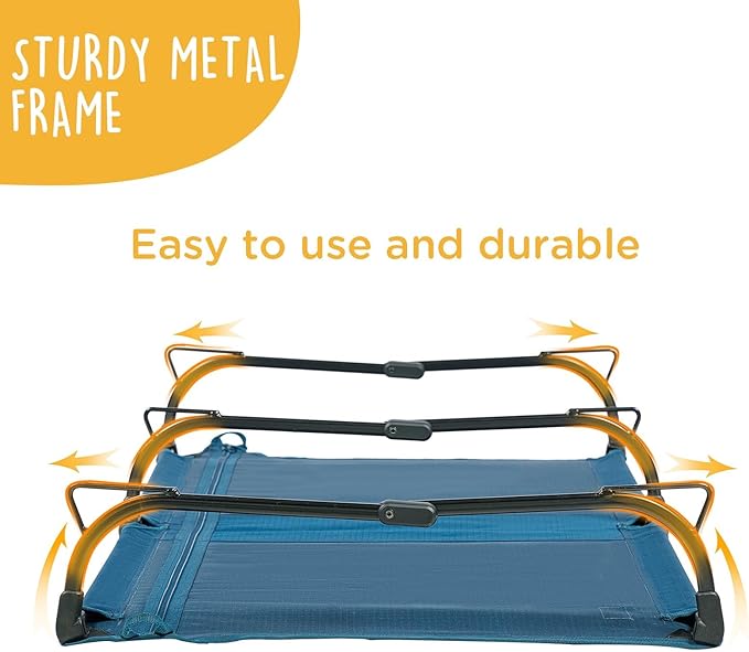 Daisy Cot, Medium Foldable Elevated Dog Bed, Portable Raised Outdoor Folding Dog Cot, Cooling, Chew Proof, Waterproof, Heavy Duty Up to 160 Lbs for Camping/Home, Dark Blue, 32"x 19"x6"-PawvioPets